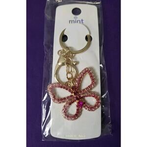 Mint Pink Butterfly Rhinestone Purse Charm Key Ring Chain Gold Tone New